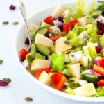 Pear and Cranberry Chopped Salad. Crisp pears and crunchy vegetables with sweet cranberries and tangy blue cheese make this colourful fall salad. A family favourite, perfect for potlucks. |www.flavourandsavour.com
