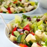 Pear and Cranberry Chopped Salad. Crisp pears and crunchy vegetables with sweet cranberries and tangy blue cheese make this colourful fall salad. A family favourite, perfect for potlucks. |www.flavourandsavour.com