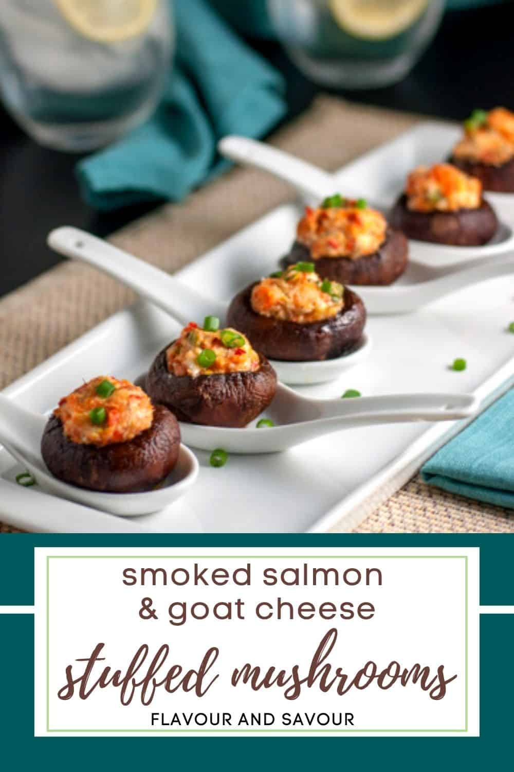 image with text overlay for smoked salmon goat cheese stuffed mushrooms