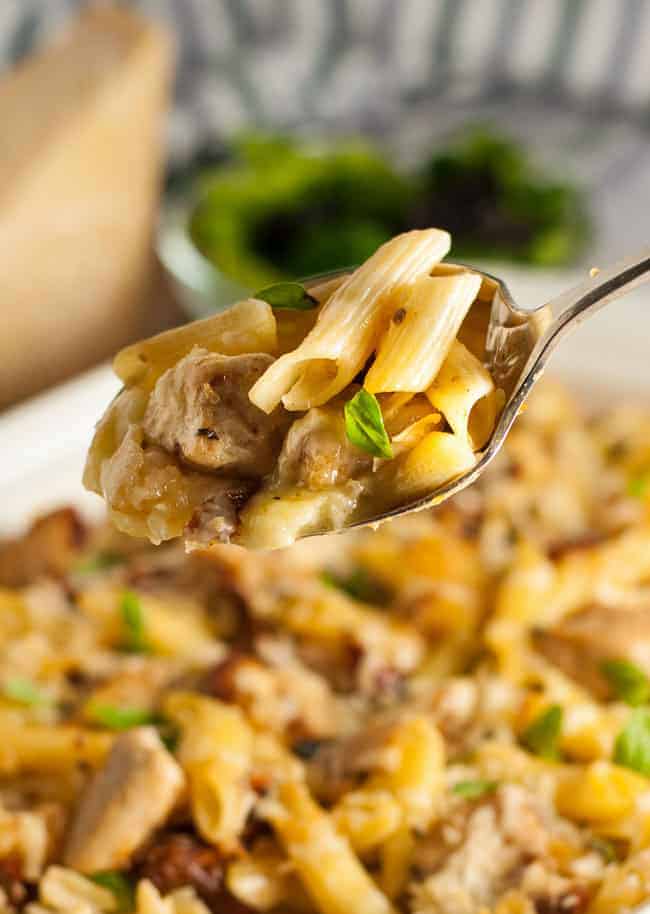 Sun dried Tomato Artichoke Chicken Penne Pasta made with gluten-free pasta. 