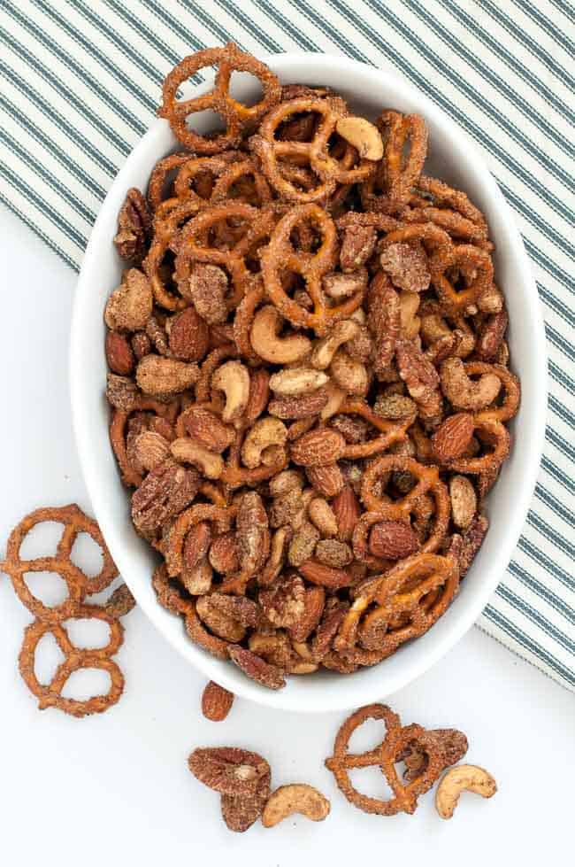 Sweet and Spicy Pretzel Nut Snack Mix in a bowl.