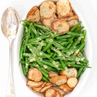 Dijon Green Beans with Crispy Potato Chips overhead view