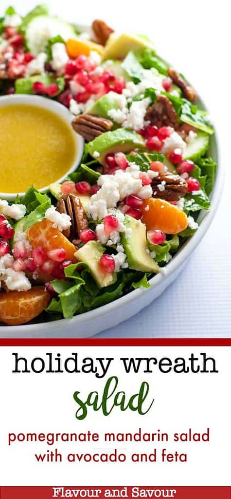 Holiday Wreath Salad in a round dish with a bowl of dressing in the middle.