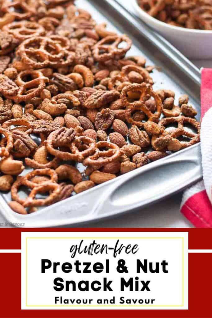 Image and text for pretzel and nut snack mix.