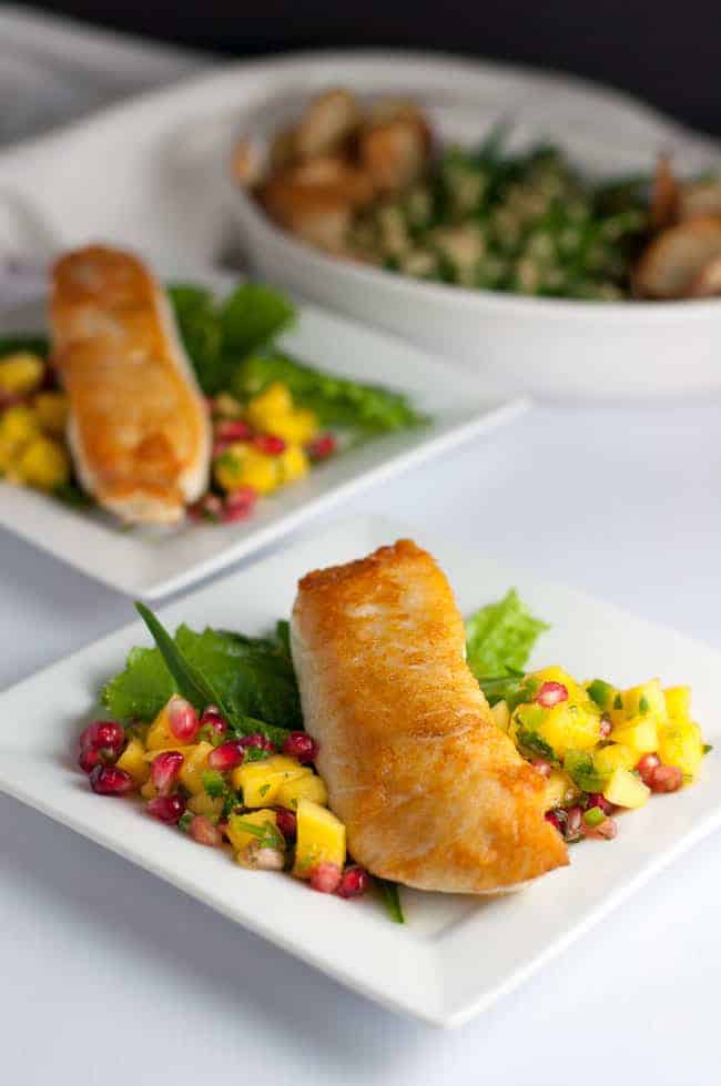 Salt and Pepper Crusted Halibut with Mango Pomegranate Salsa.
