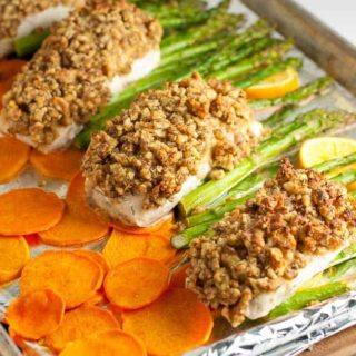 If you like Sheet pan Chicken dinners, you may also like this Maple Dijon Walnut Crusted Sheet Pan Halibut with crispy sweet potato chips and asparagus. A one-pan paleo meal that cooks in only 10 minutes. |www.flavourandsavour.com