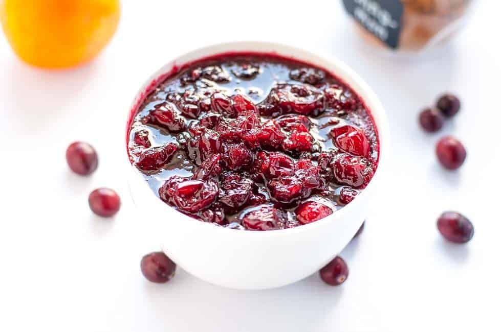Homemade Spiced Cranberry Orange Sauce with Triple Sec in a white bowl