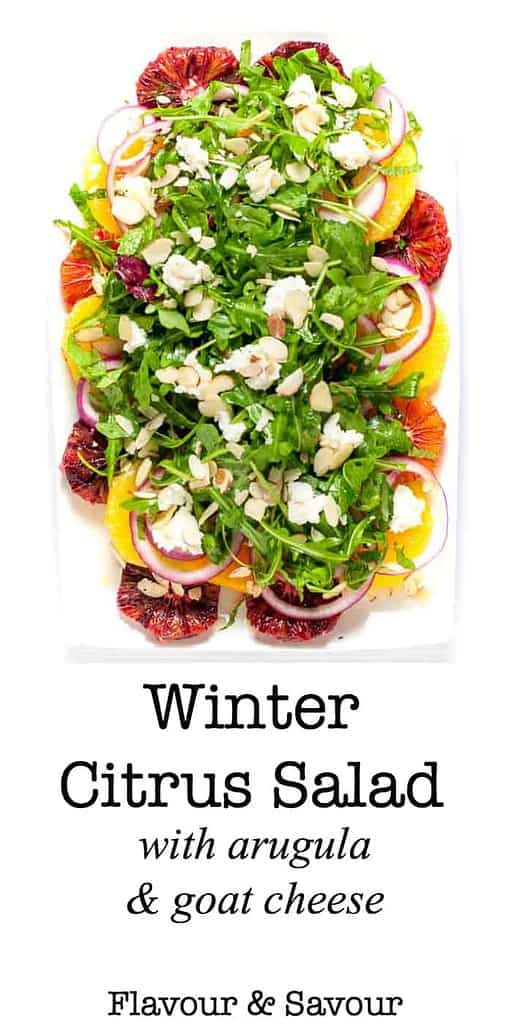 Winter Citrus Salad with Arugula and Goat Cheese. Sweet oranges, fresh mint and spicy arugula topped with tangy cheese and flaked almonds make a beautiful winter salad.