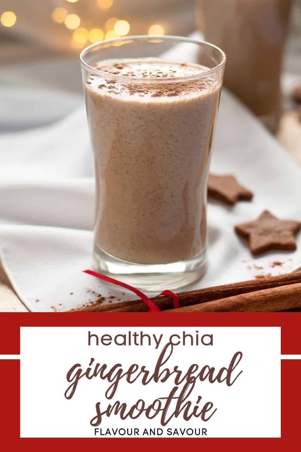 image with text overlay for healthy chia gingerbread smoothie