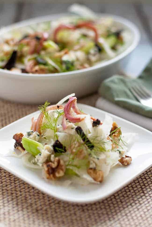 Fennel-Celery Salad with Figs and Blue Cheese. A delicate salad of fennel and celery with surprising bursts of flavour from shallots, figs, blue cheese and walnuts. Will make this one again and again! |www.flavourandsavour.com