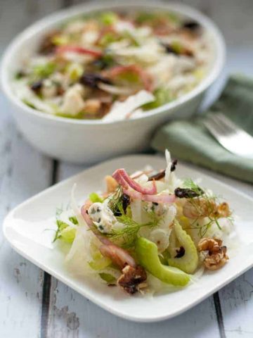 Fennel-Celery Salad with Figs and Blue Cheese. A delicate salad of fennel and celery with surprising bursts of flavour from shallots, figs, blue cheese and walnuts. Will make this one again and again! |www.flavourandsavour.com