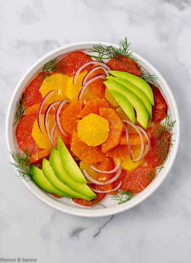 Overhead View of Grapefruit-Orange Avocado Salad with Ginger-Orange Dressing