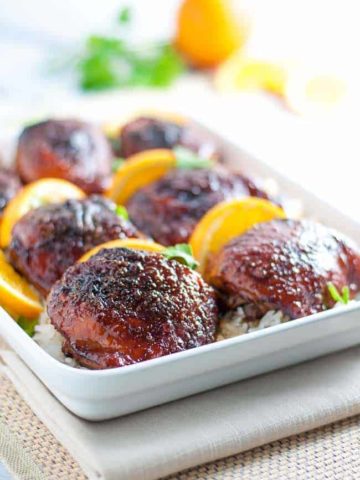 Hoisin Orange Glazed Chicken Thighs. An easy, 5-ingredient glaze for chicken results in succulent, juicy chicken with hints of orange, ginger and garlic. |www.flavourandsavour.com