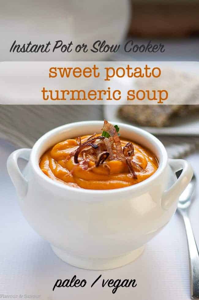 Instant Pot or Slow Cooker Sweet Potato Turmeric Soup in a white bowl with crispy shallots