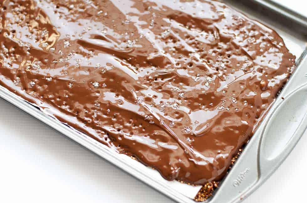 melted chocolate spread on a layer of seeds and nuts on a baking tray