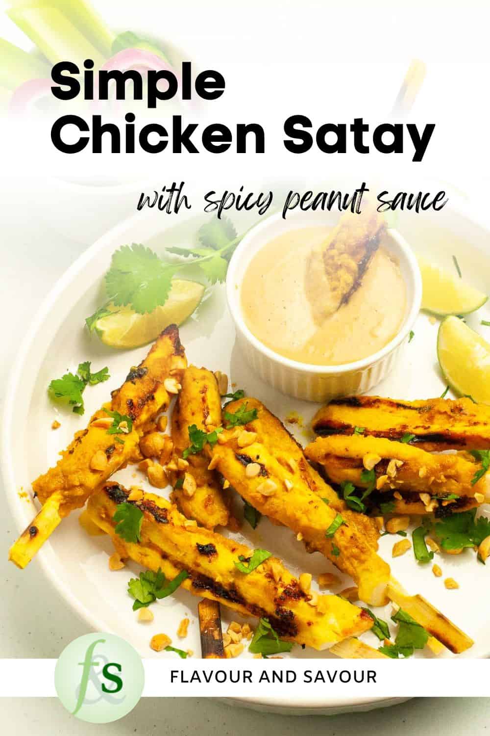 Image with text for chicken satay with peanut sauce.