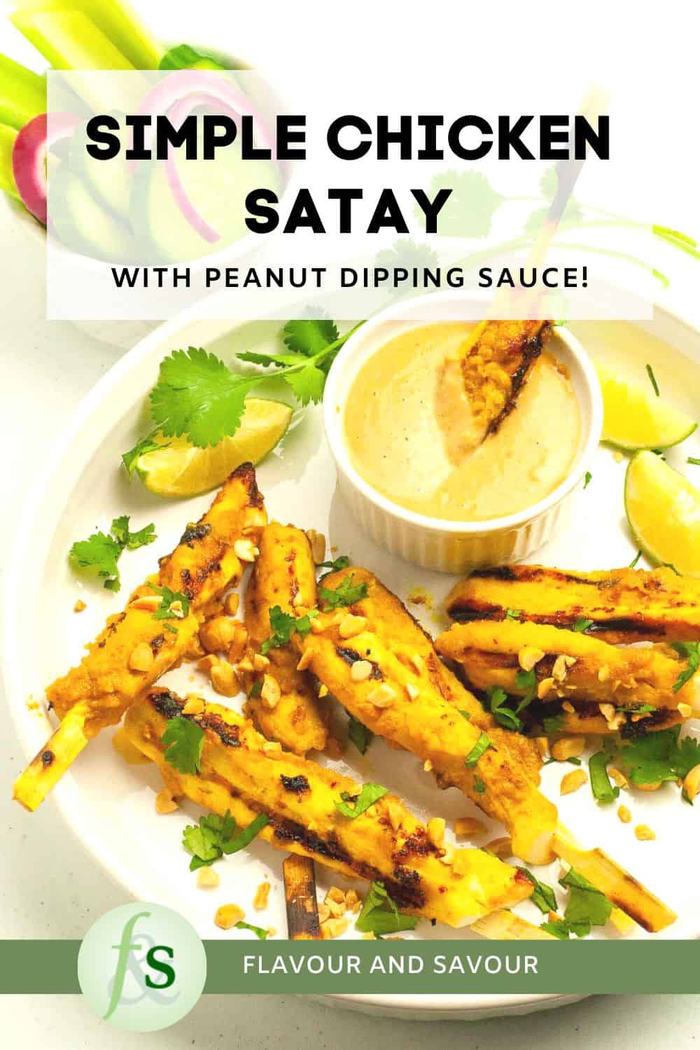 Image with text overlay for chicken satay with peanut sauce.
