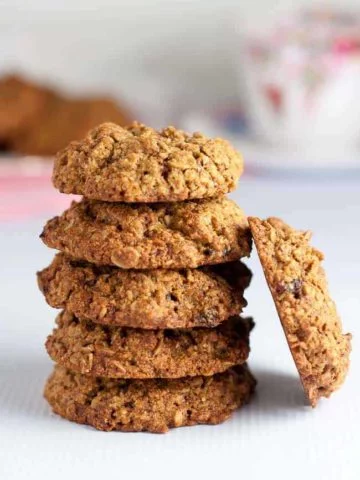 Gluten Free Cherry Coconut Oatmeal Cookies stacked.