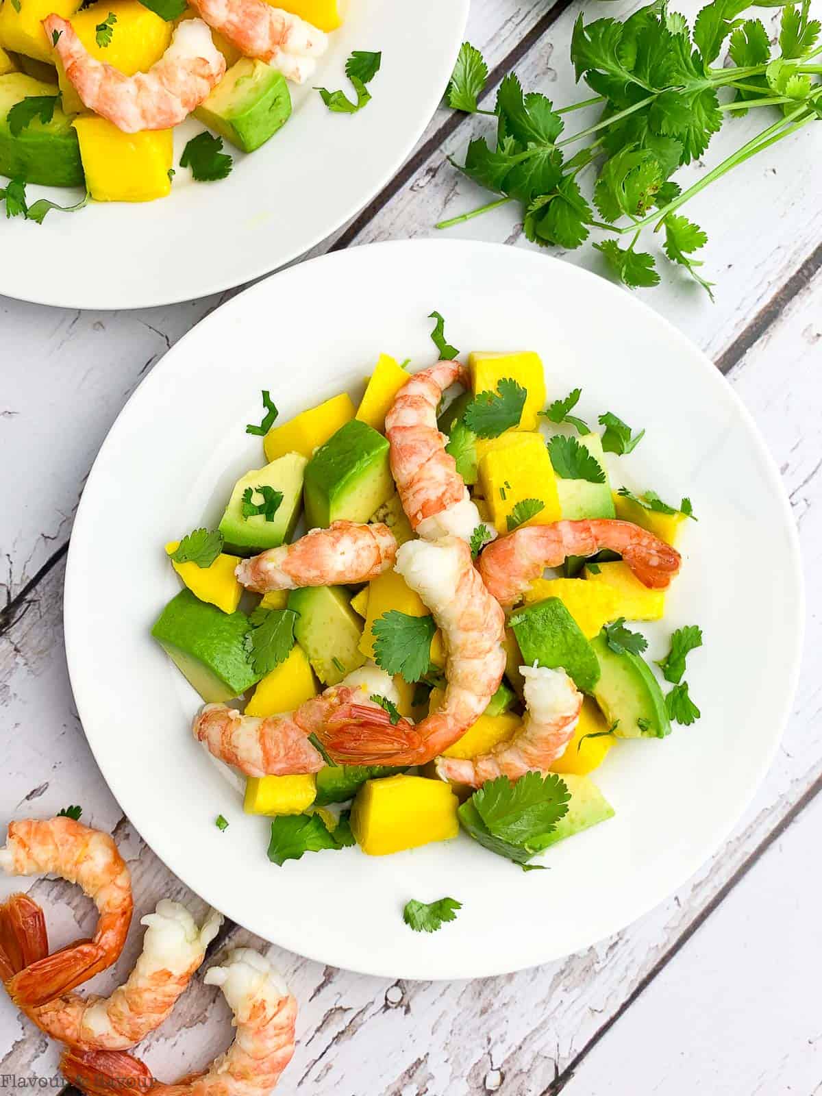 Overhead view of Prawn Mango Avocado Salad on a white plate with cilantro leaves