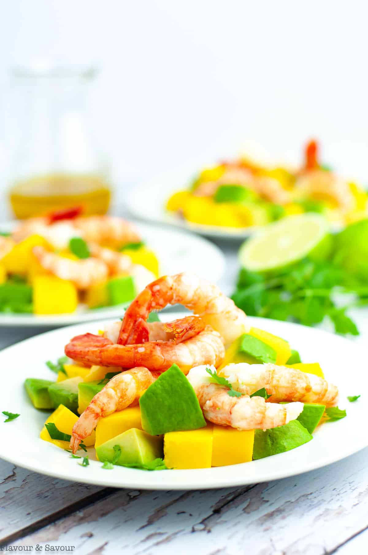 Three plates of Prawn Mango Avocado Salad