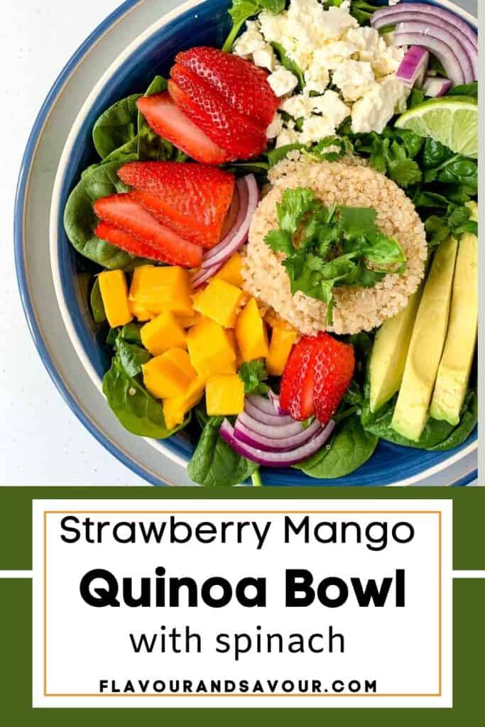 image with text for strawberry mango quinoa bowl
