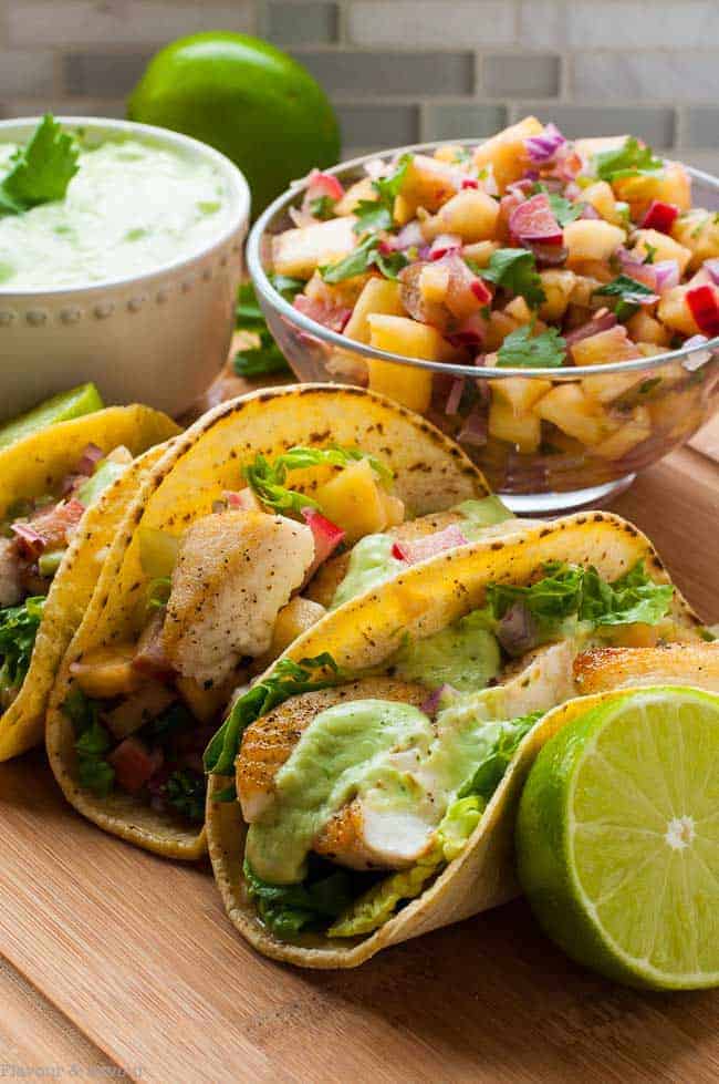 Grilled Fish Tacos with Pineapple Rhubarb Salsa in a bowl