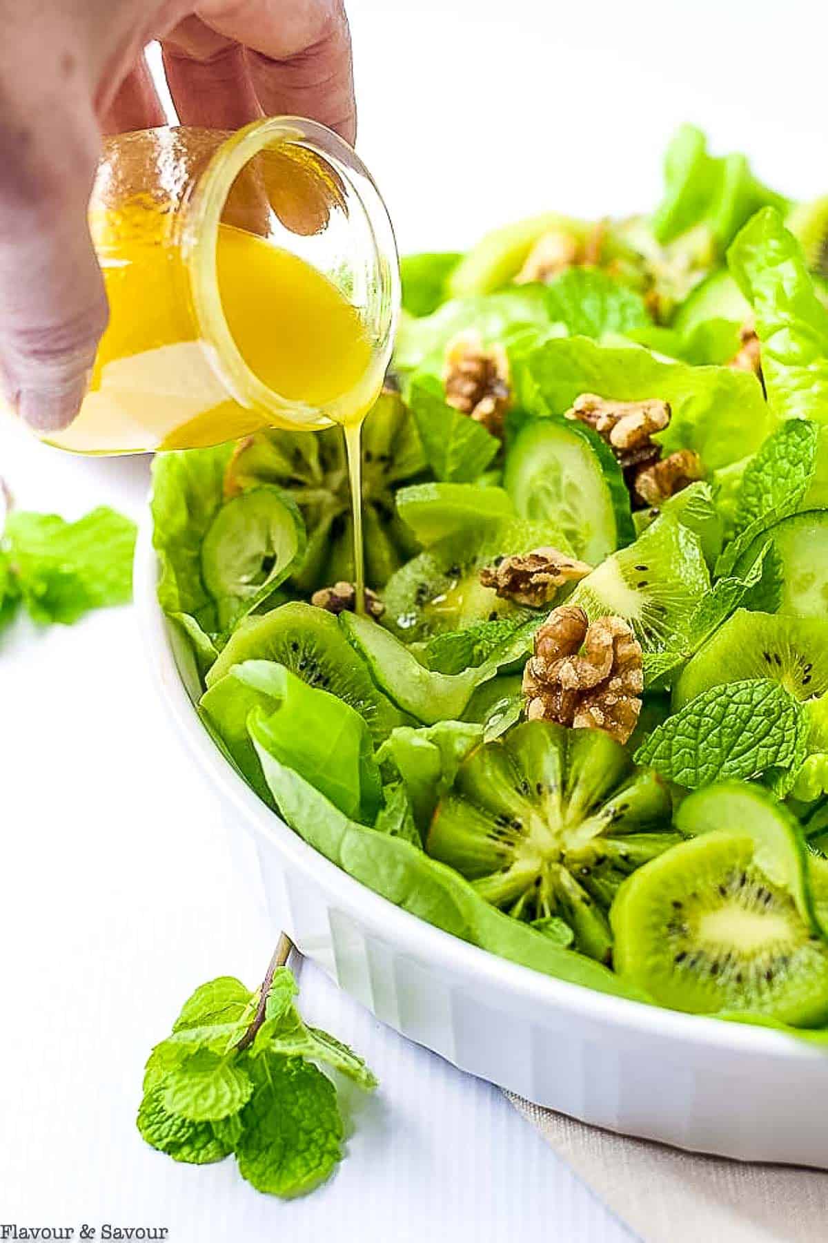 Kiwi Cucumber Salad with Walnuts and Fresh Mnt.