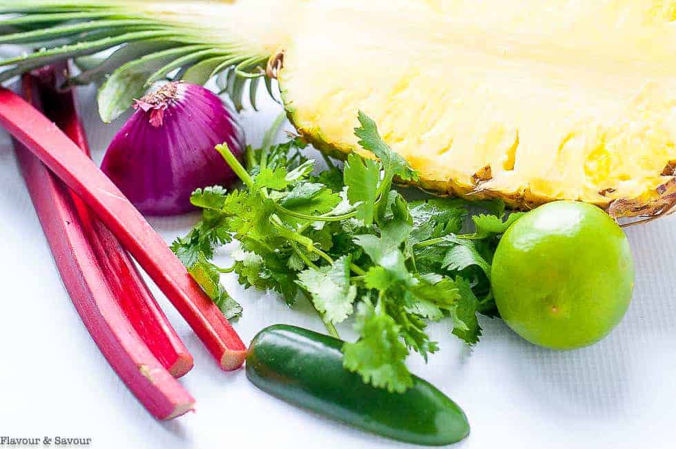Ingredients for pineapple rhubarb salsa.