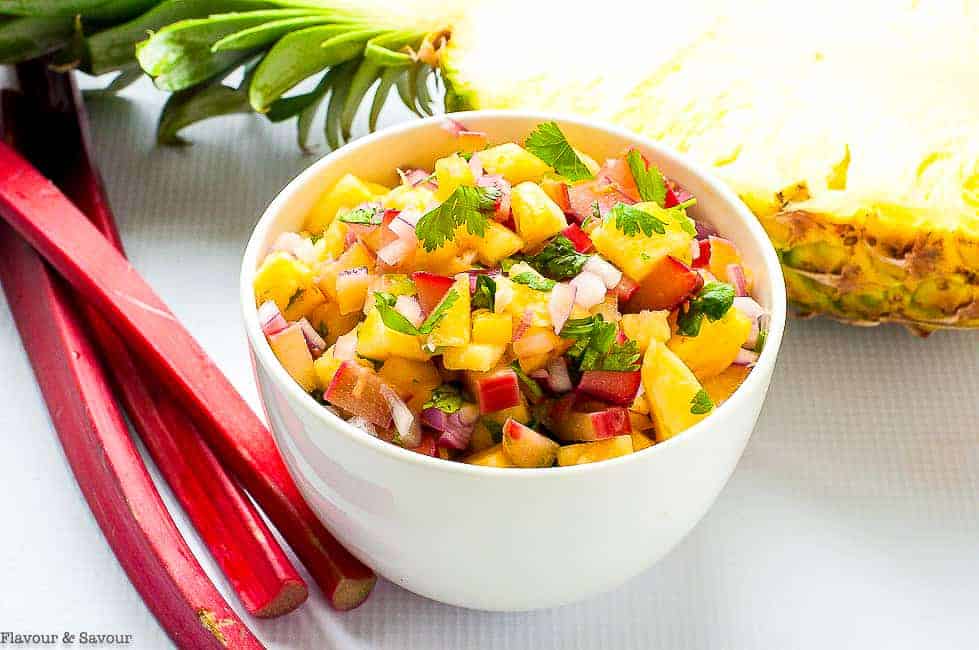 A bowl of pineapple rhubarb salsa.