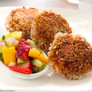 Tex-Mex Crab Cakes with a spoonful of mango salsa
