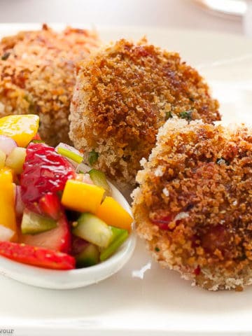 Tex-Mex Crab Cakes with a spoonful of mango salsa