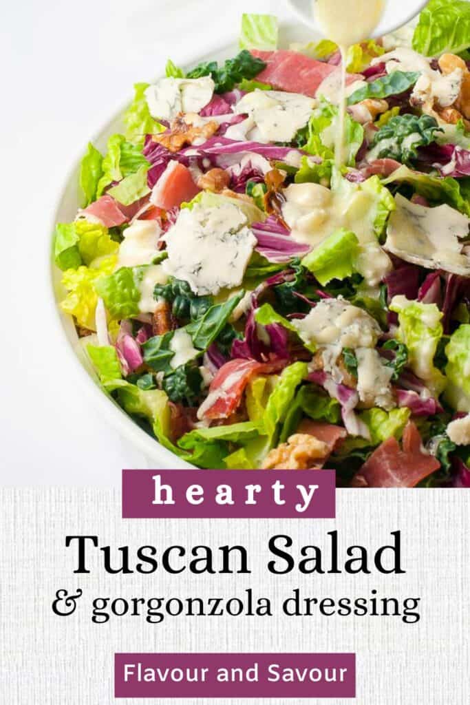 image with text for tri-colour Tuscan Salad with prosciutto.
