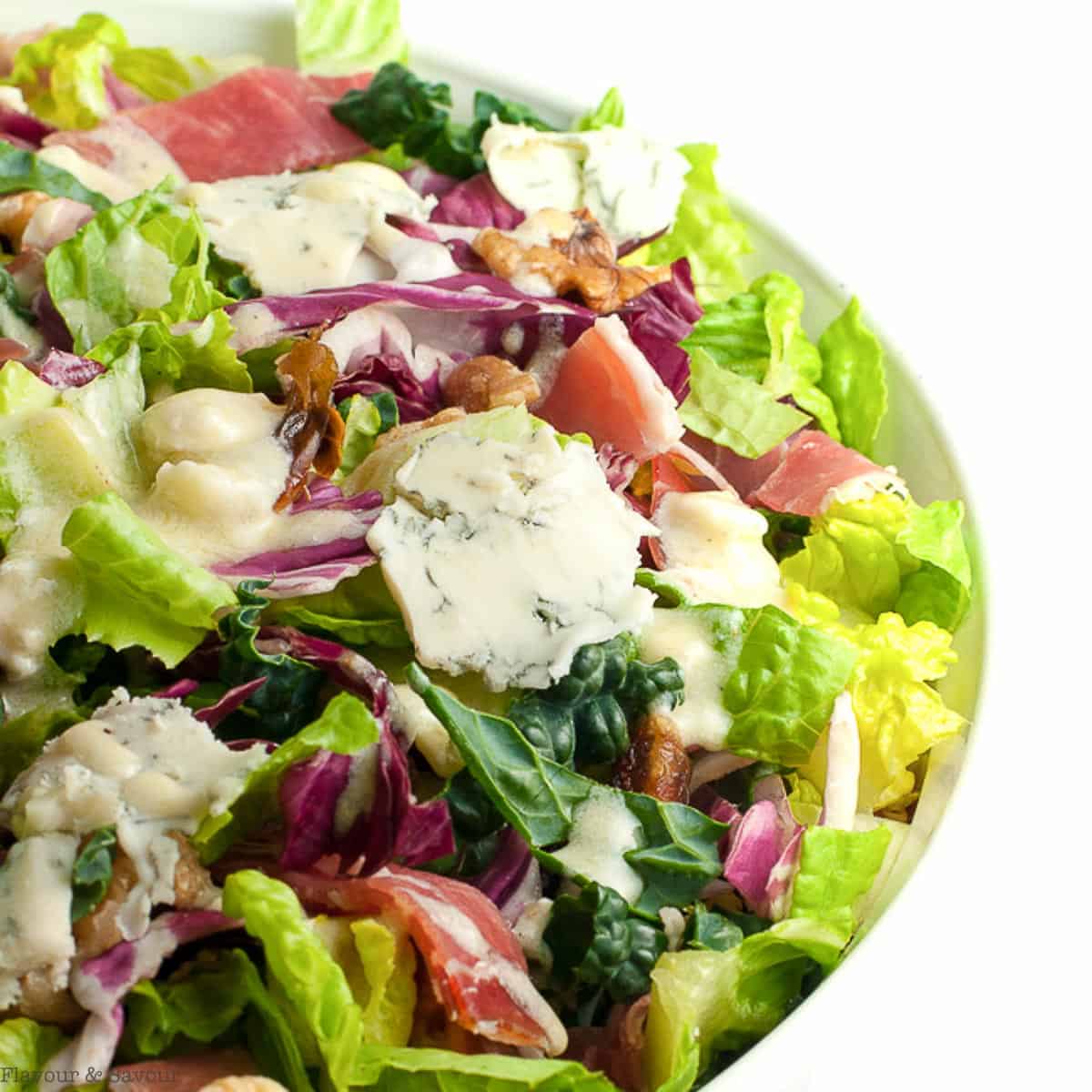 hearty Tuscan salad with kale, radicchio and romaine leaves.