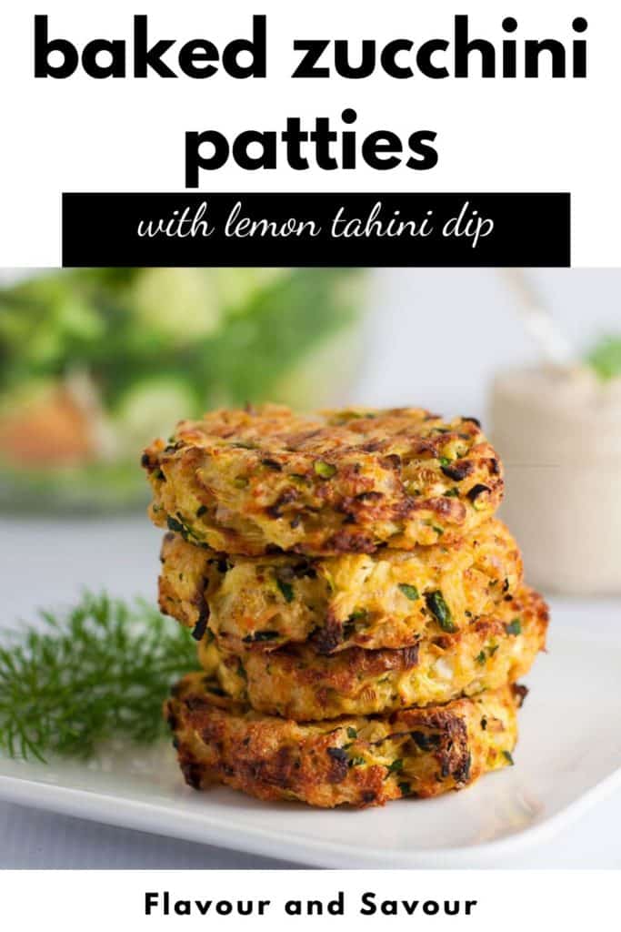 Baked Zucchini Patties with Lemon Tahini Dip with text overlay