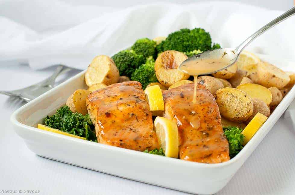 Bourbon Maple Glazed Salmon with broccoli and lemon oven-roasted potatoes