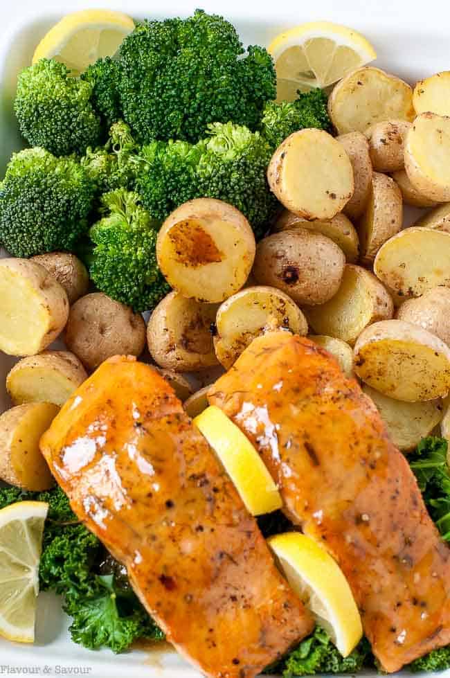 Overhead view of Bourbon Maple Glazed Salmon with roasted potatoes and broccoli.