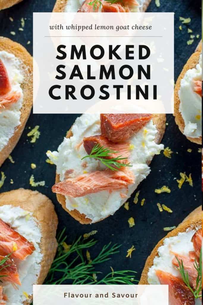 Smoked Salmon Crostini with whipped honey lemon goat cheese with text overlay