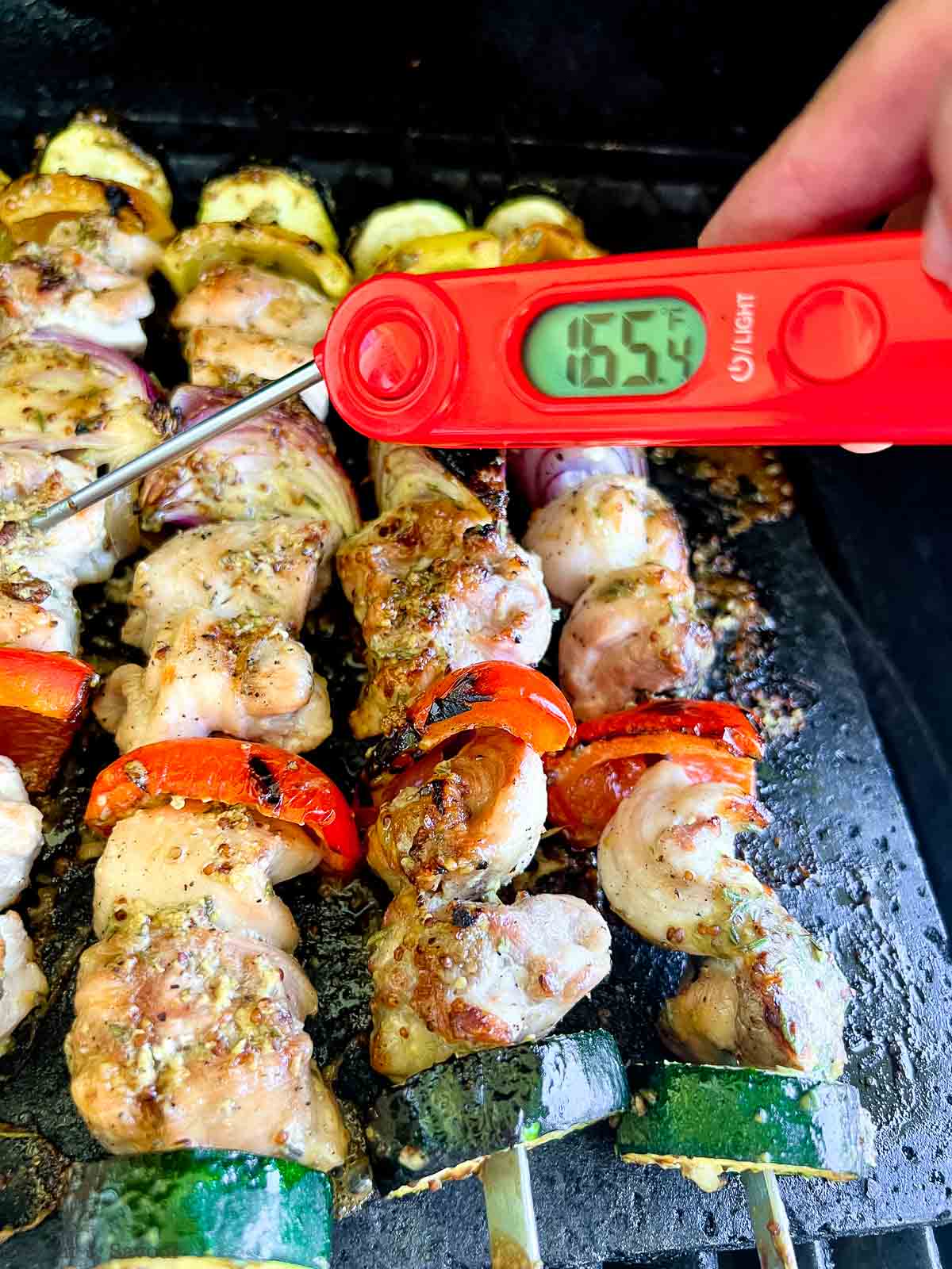 Chicken kabobs cooked to 165°F.