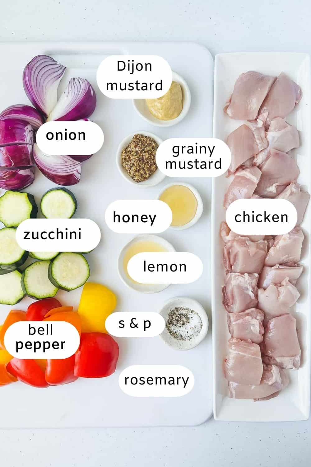 Ingredients for rosemary mustard chicken kabobs.