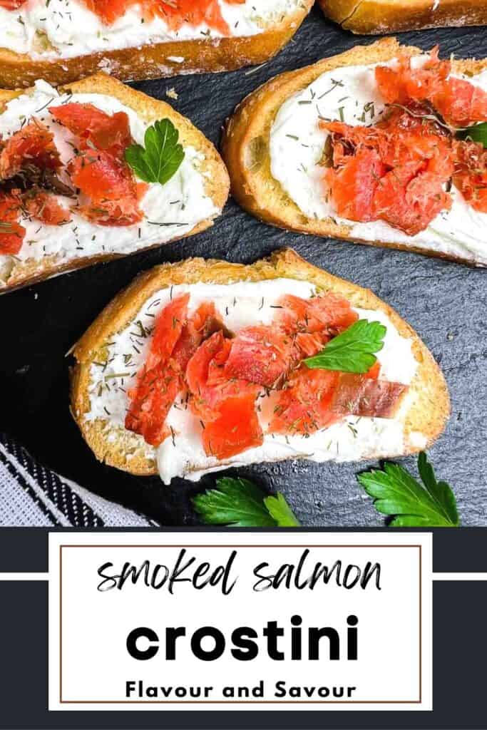 Image with text for smoked salmon crostini appetizers.