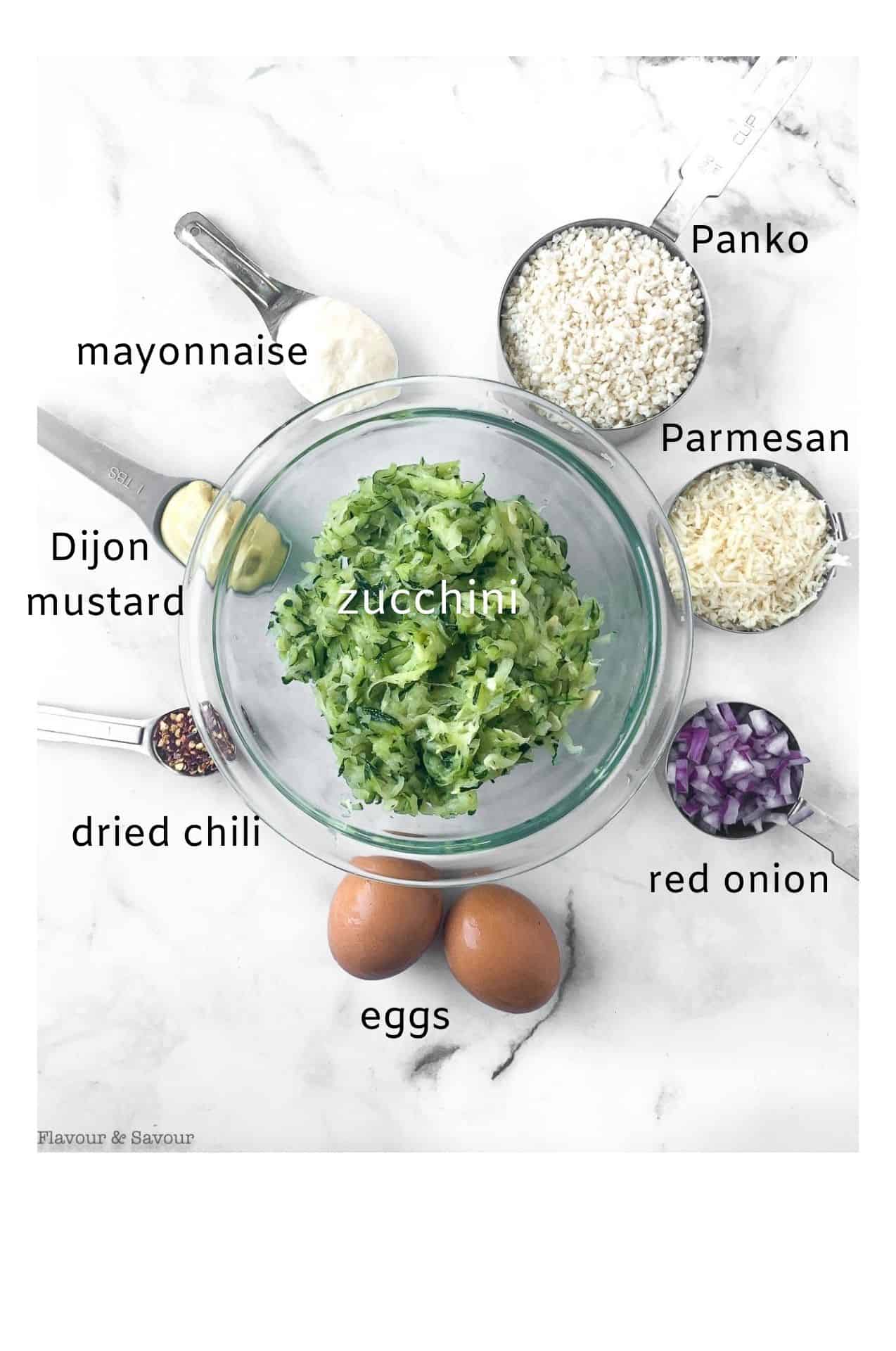 labeled image of ingredients for zucchini patties