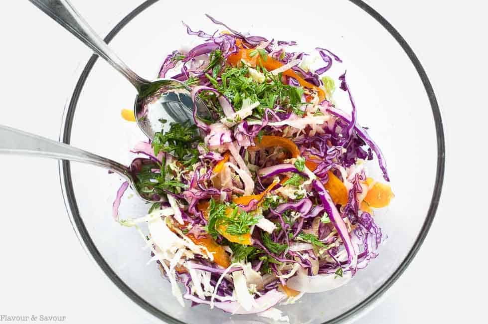 Coleslaw Ingredients for Shrimp Tacos tossed with Cilantro Lime Dressing