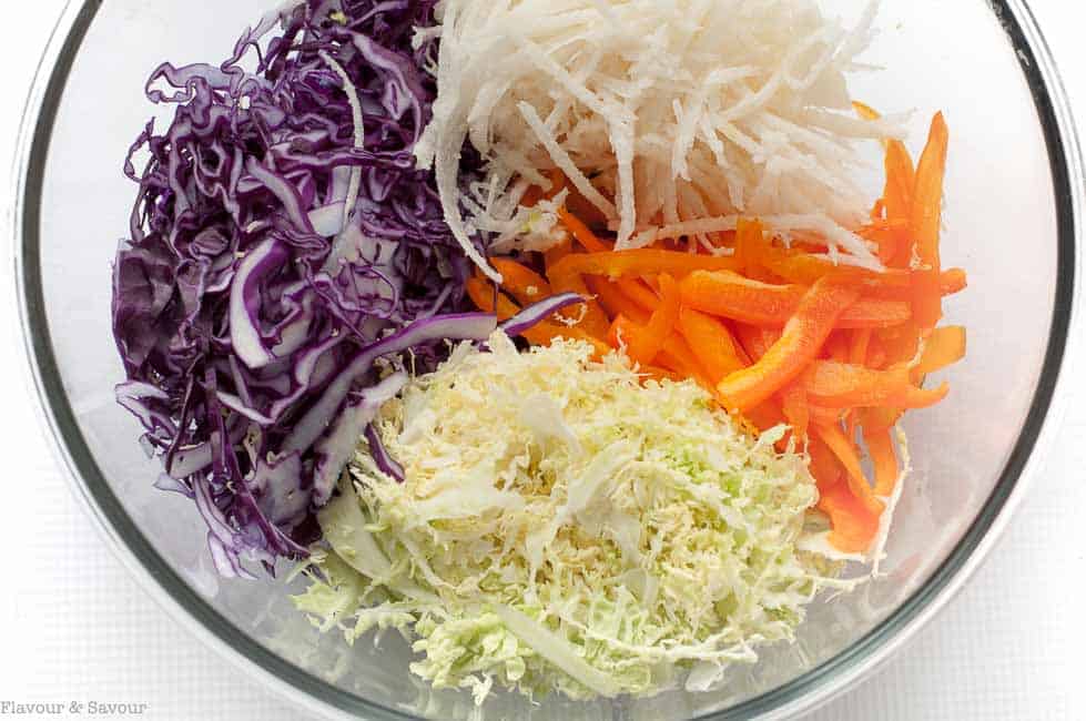 Coleslaw ingredients for Shrimp Tacos with Tomatillo Guacamole and Cilantro Lime Slaw