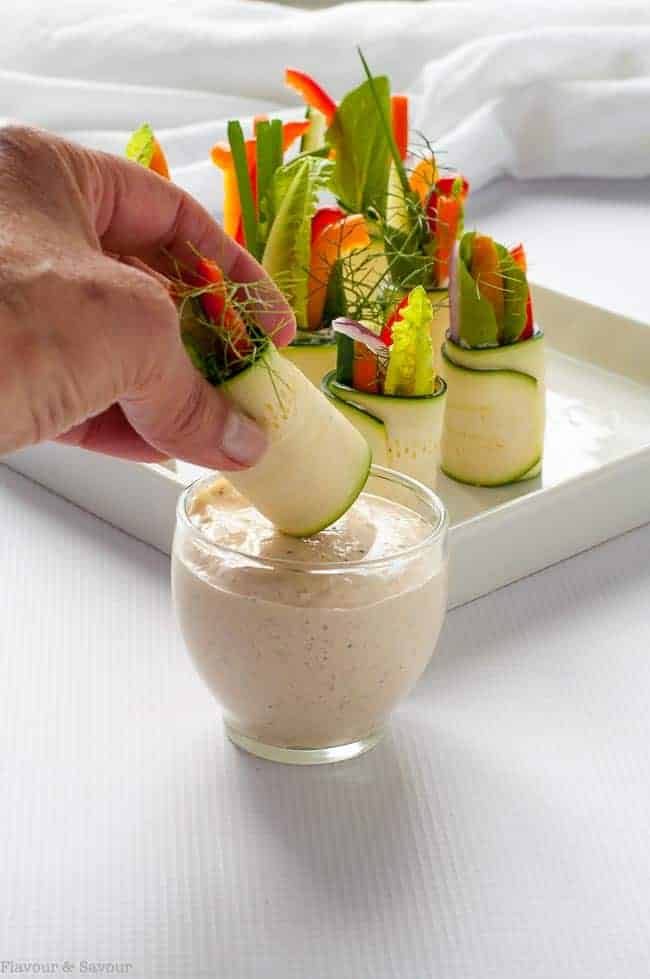 Dipping Fresh Veggie Zucchini Roll ups with Caesar dip 1