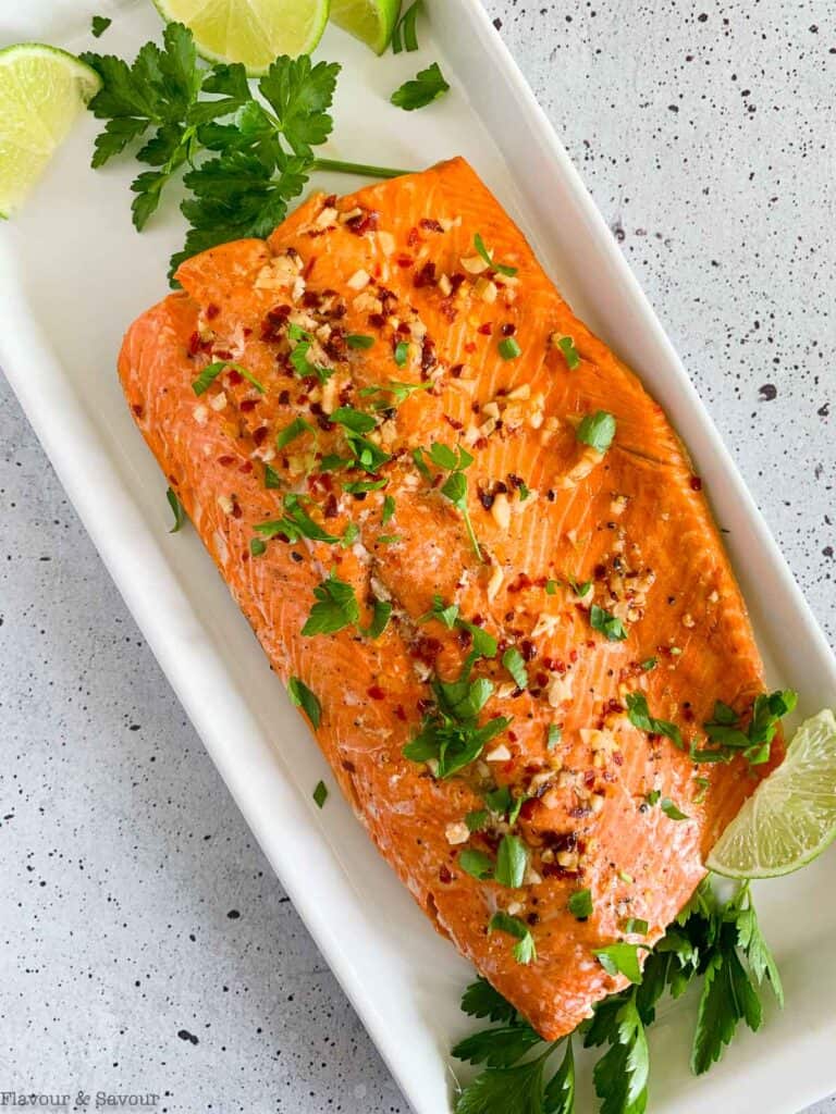 Baked Chili Lime Salmon on a platter.