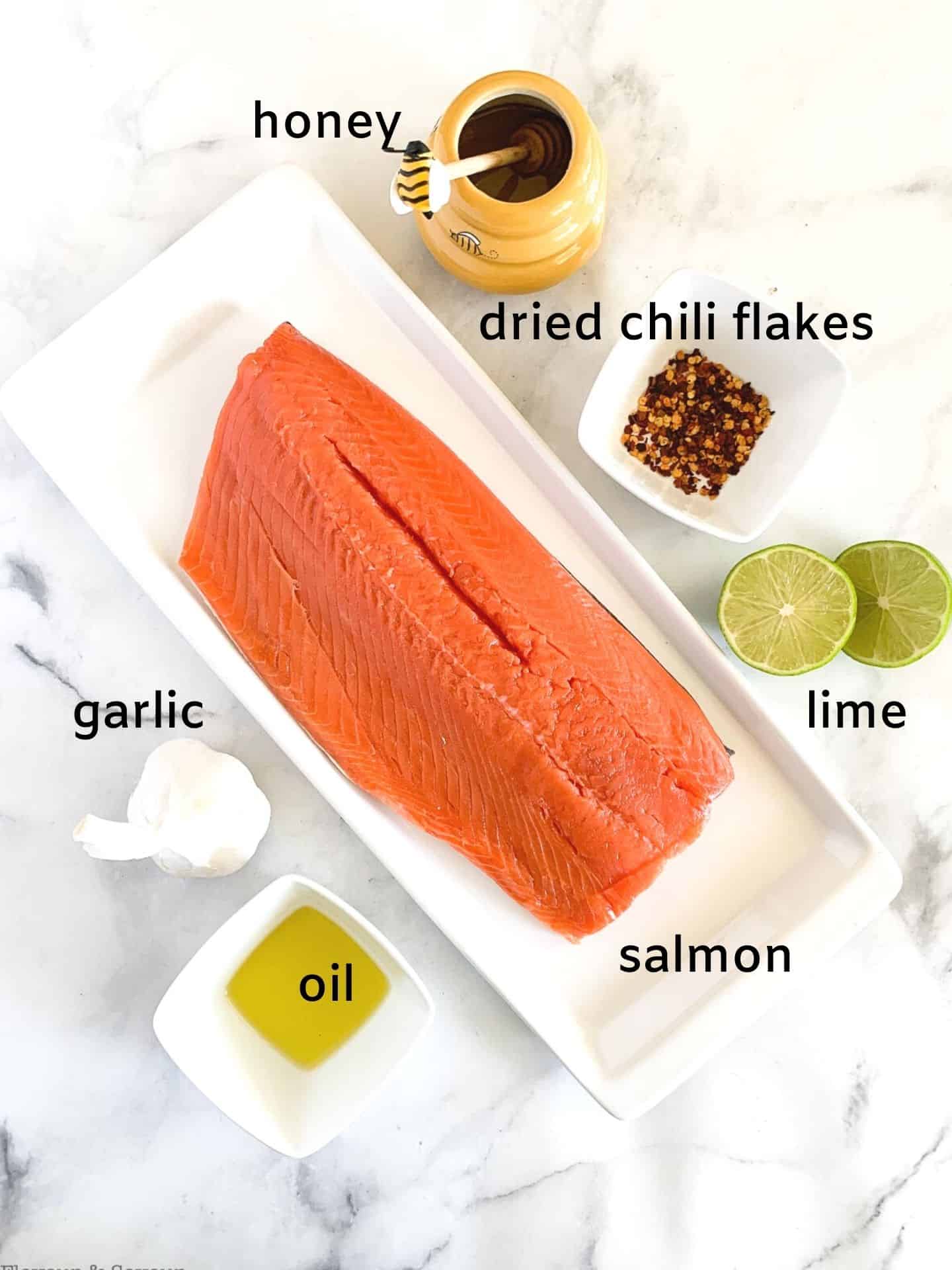 Labeled ingredients for Honey Chili LIme Glazed Salmon