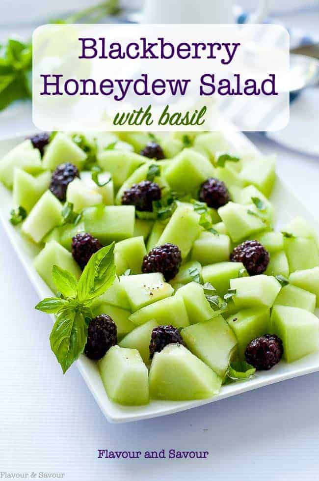 Blackberry Honeydew Salad with Basil with text overlay
