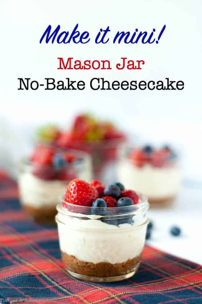 No-Bake Cheesecake in a small Mason jar topped with strawberries and blueberries