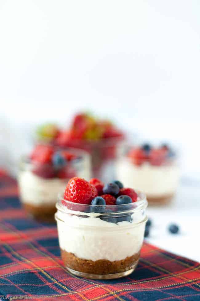 Mini no-bake cheesecakes made and served in Mason jars make an ideal dessert for a picnic, for camping, or as a fun treat for kids. A quick and easy dessert.