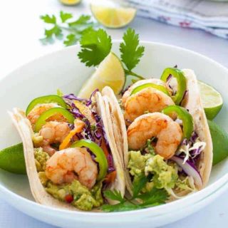 Shrimp Tacos with Tomatillo Guacamole and Cilantro Lime Slaw